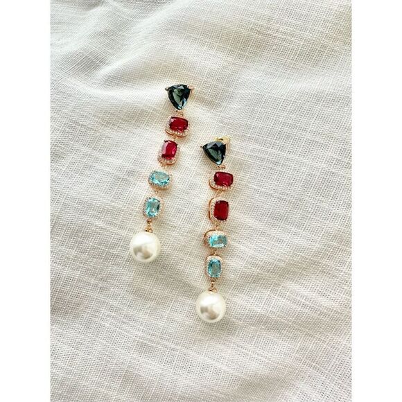Bright red and blue cubic zirconia dangle faux pearl earrings  - Picture 3 of 3